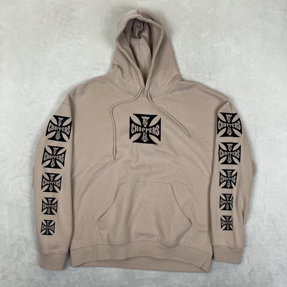 West Coast Choppers Hoodie Mens Large Beige Fleece Pullover Sleeve Graphic Logo